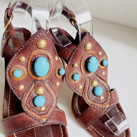 MIU MIU Brown Leather  Faux Turquoise High Heel Sandals 38.5 - Picture 3 of 8